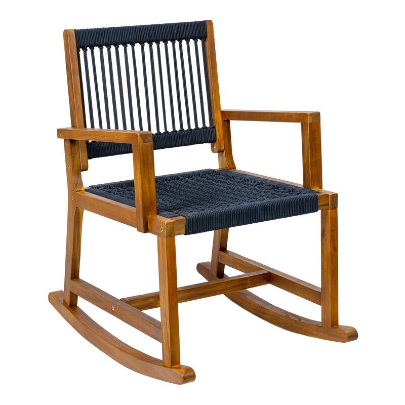 JONATHAN Y Laguna Coastal Casual 352-LBS Support Acacia Wood and Woven Rope Outdoor Rocking Chair - Navy