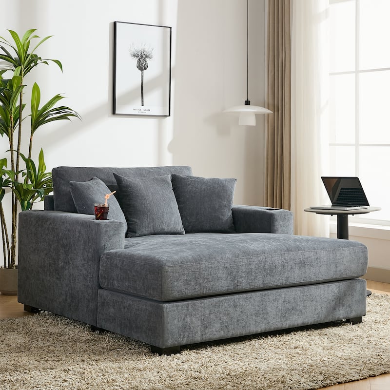 Chenille Fabric Chaise Lounges Couch with Pillows Charge Station and Cup Holders Lounge Chair Oversized Single Sofa Accent Chair