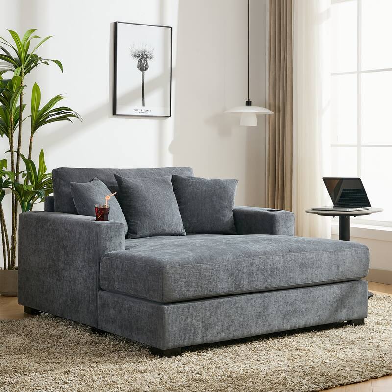 Modern Style Chaise Lounger Sofa Couch ,with Pillows, Charge Station & Cup Holders