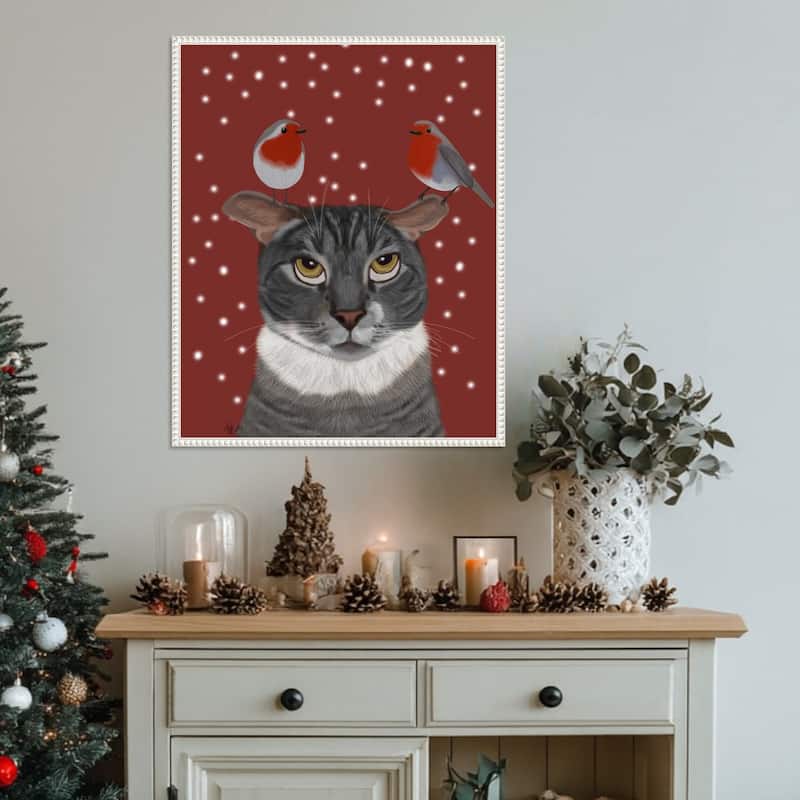 Grey Cat and Robins by Fab Funky (23 x 28 in.), Framed Canvas Wall Art Print - Sylvie Beaded White