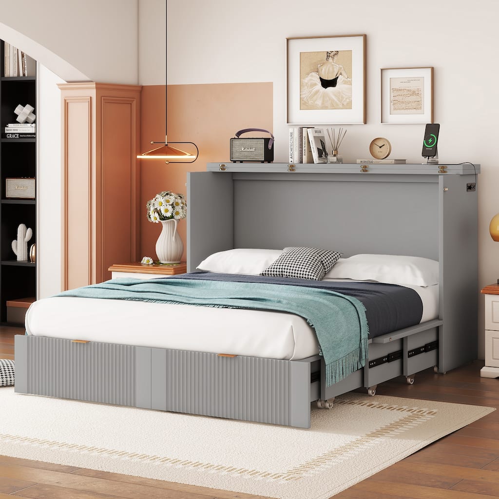 Gray Full Size Murphy Bed with Pulley Design, Drawer, and USB