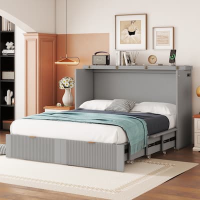 Gray Full Size Murphy Bed with Pulley Structure, Drawer & USB