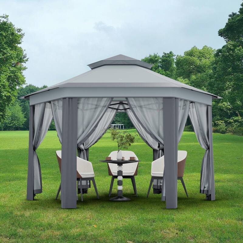 Pop Up Gazebo, Hexagonal Canopy Shelter with 6 Zippered Mesh Netting, Event Tent with Strong Steel Frame