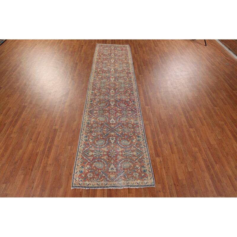 Floral Sarouk Persian Vintage Runner Rug Hand-Knotted Wool Carpet - 3'4" x 13'0"