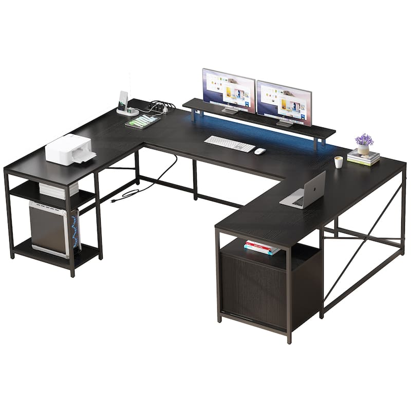 Moasis U-Shaped L-Shaped LED Computer Desk Reversible Corner Home Office Gaming Desk with Power Outlets - Black