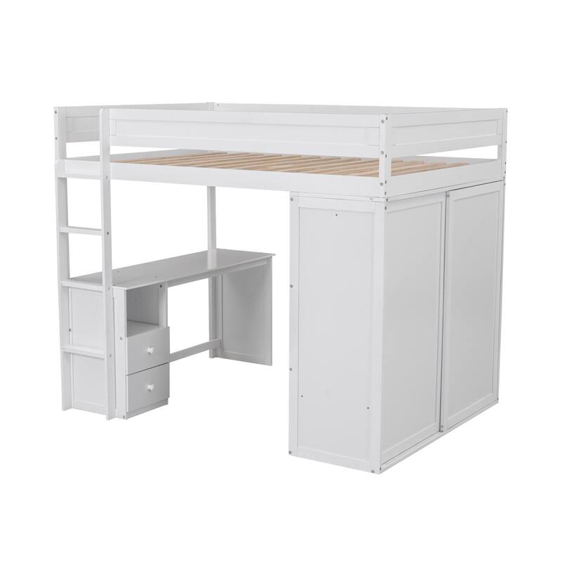 White Full Size Loft Bed with Wardrobe, Desk, and Storage Cabinet