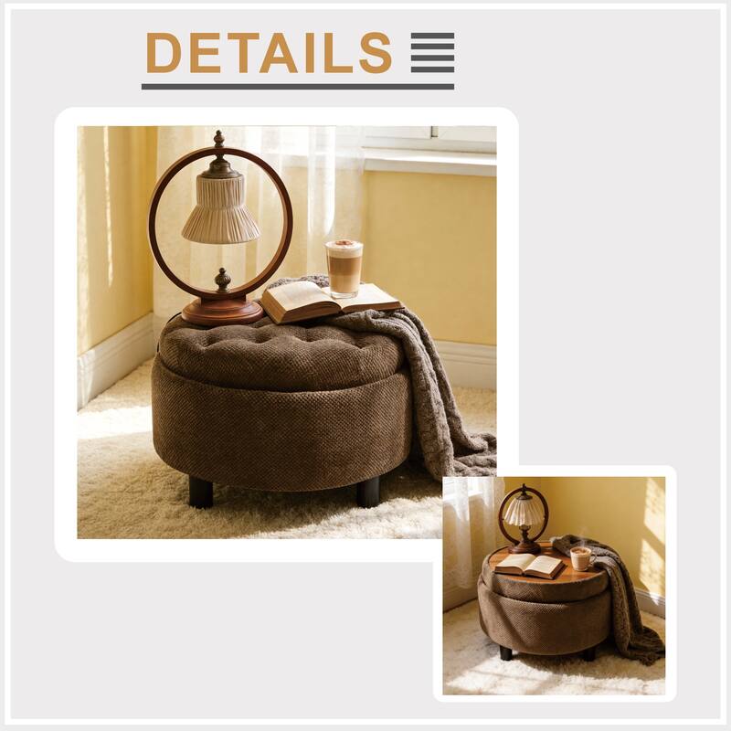 Round Storage Ottoman with Lift-Off Tray and Upholstered Fabric