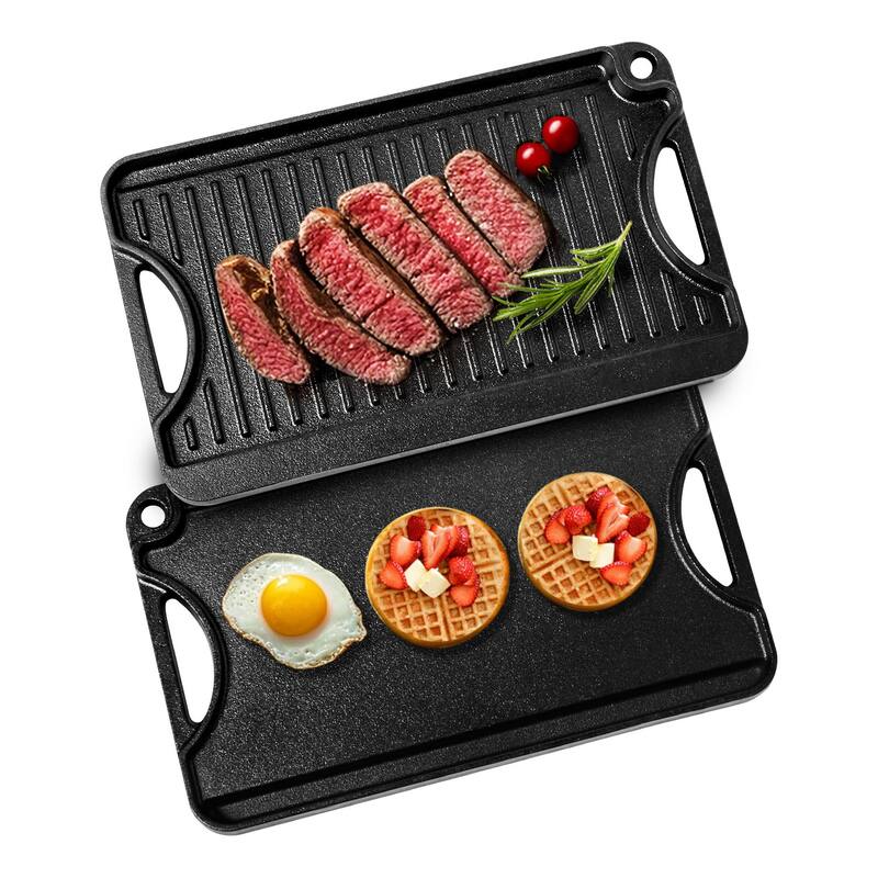 Anmytek 14x8.5 inch Reversible Grill Griddle Pre-Seasoned BBQ Pan Cast Iron Black