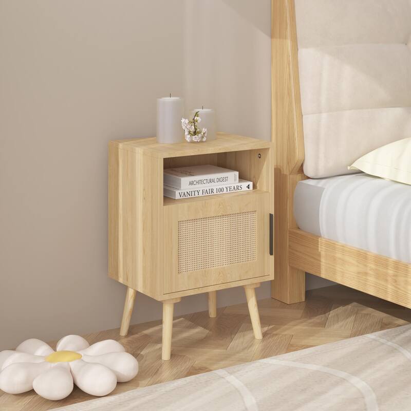 Rattan Nightstand, Sofa Side Table with Door & Open Shelf, Coffee Table with Solid Wood Legs for Bedroom, Small Spaces