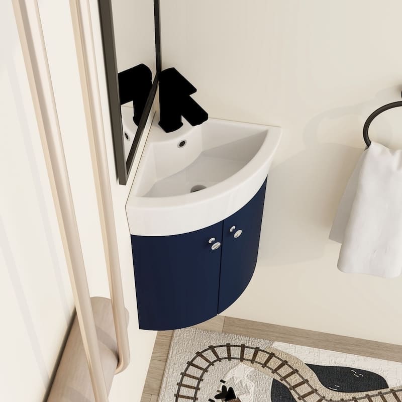 Malwee 13" Corner Floating Bathroom Vanity, Mini Wall Mounted Bathroom Vanity with Ceramic Sink,Soft Close Door and Shelf