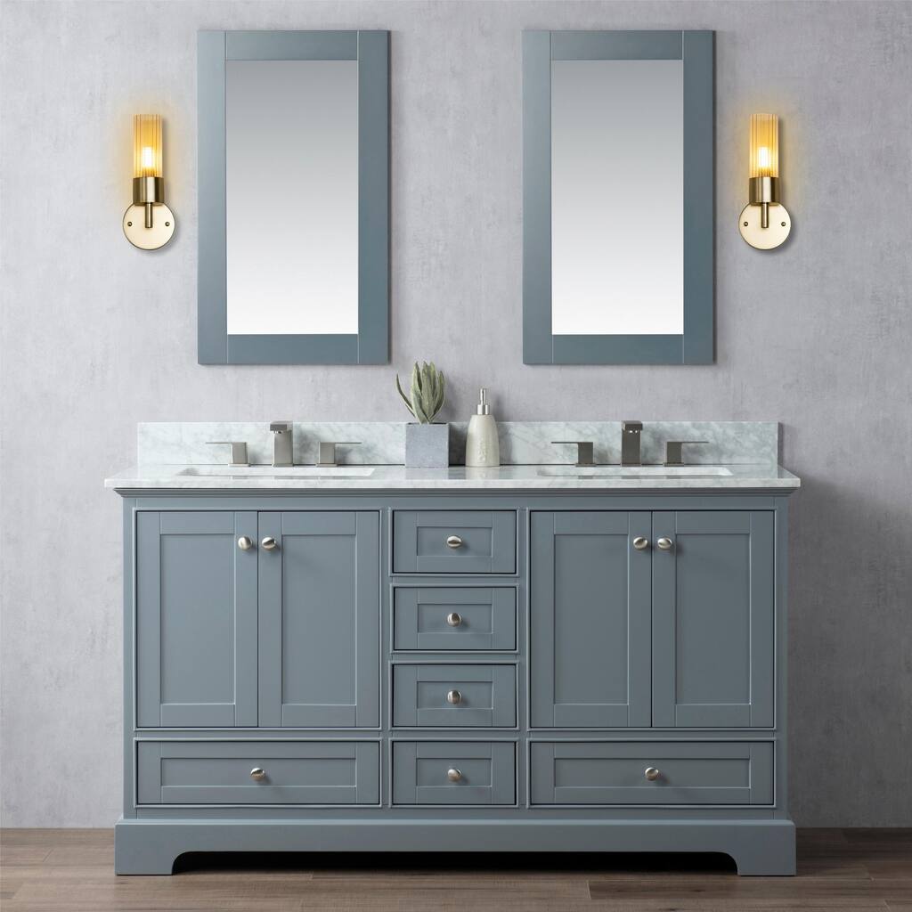 60" Wide Bathroom Vanity with Sink, Makeup Cabinet Storage Organizer with Marble Top (Without Mirrors), Charcoal