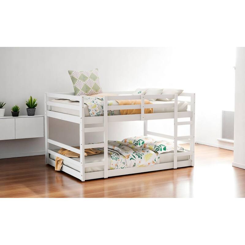 Full Over Full Bunk Bed with Ladder and Guardrails, Solid Wood Frame, No Box Spring Required