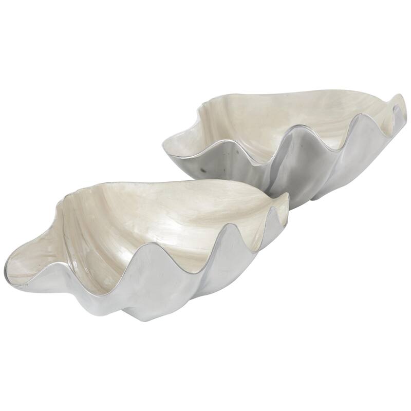 Aluminum Metal Shell Enameled Decorative Bowl with Silver Metal Exterior - Set of 2 Teal or White - Roche River Decor