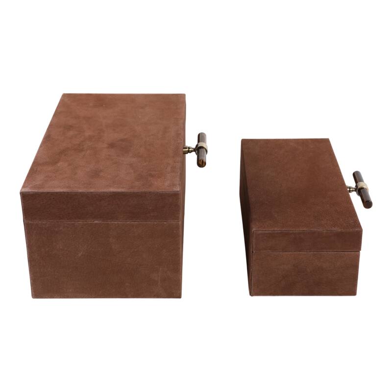 Decorative Retangular Suede Box with Lid - Set of 2, 14", Brown - 14.0"