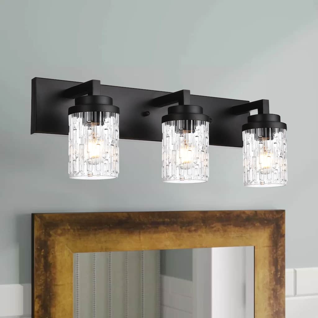 6-Light Industrial Black Bathroom Lighting with Clear Grid Glass