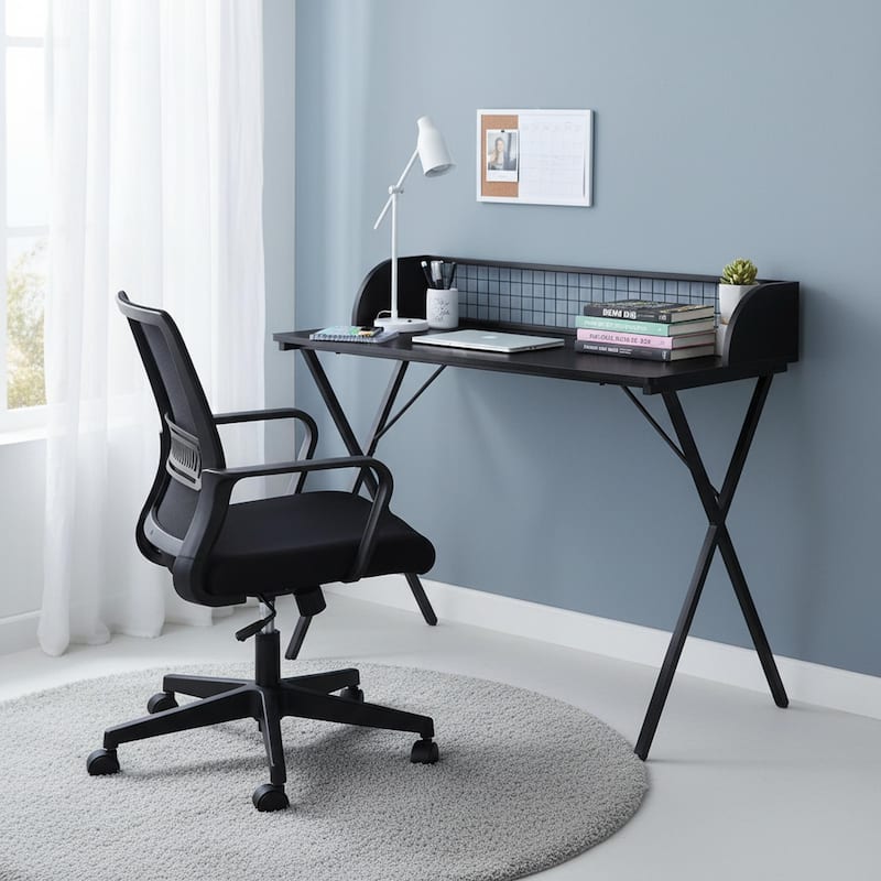 Homylin Modern Metal Frame Writing Desk with Raised Back Shelf, Black