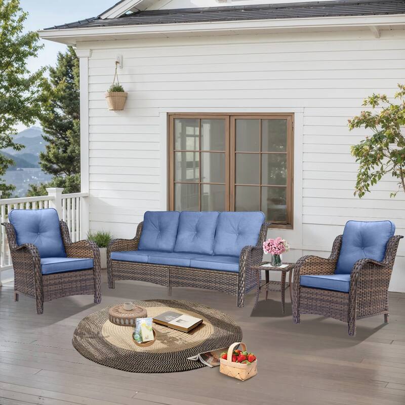 Brown Wicker Outdoor Patio Furniture Sofa Set with Denim Blue Cushions - 4-Pieces - Denim Blue