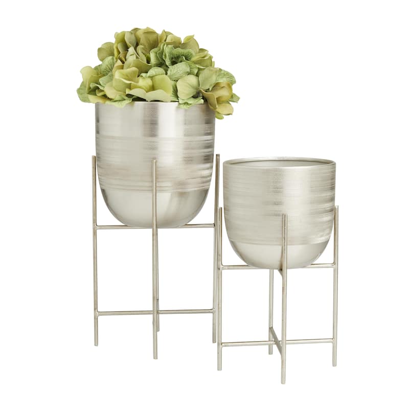 Metal Indoor Outdoor Planter with Removable Stand - Set of 2 Silver, Gray, Gold - Roche River Decor