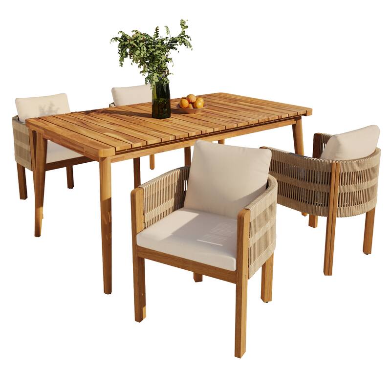 Roomfitters 5-Piece Outdoor Dining Set, Acacia Wood Patio Table and 4 Rope Woven Armchairs with Cushions