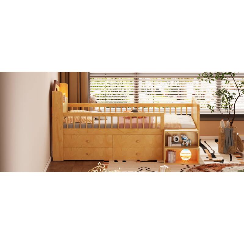 Roomfitters Twin Low Loft Platform Bed, LED House Headboard and Storage Drawers with Wooden Frame for Bedroom