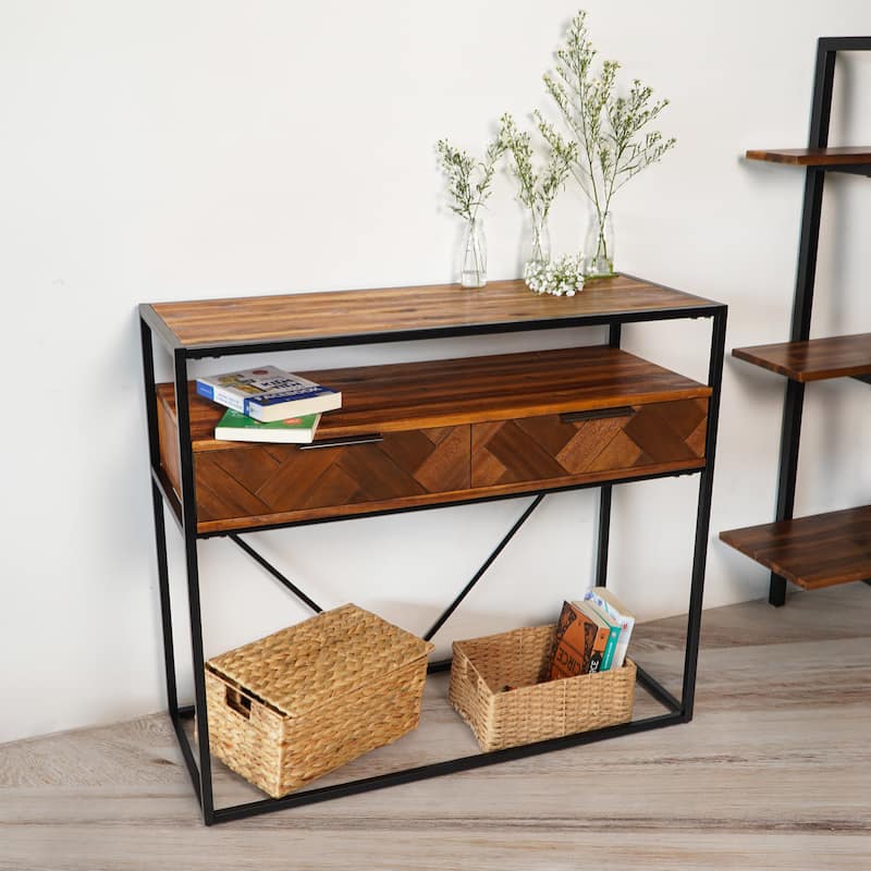 M4H Aarhus Brown Solid Wood Metal Console Table with Two Drawers