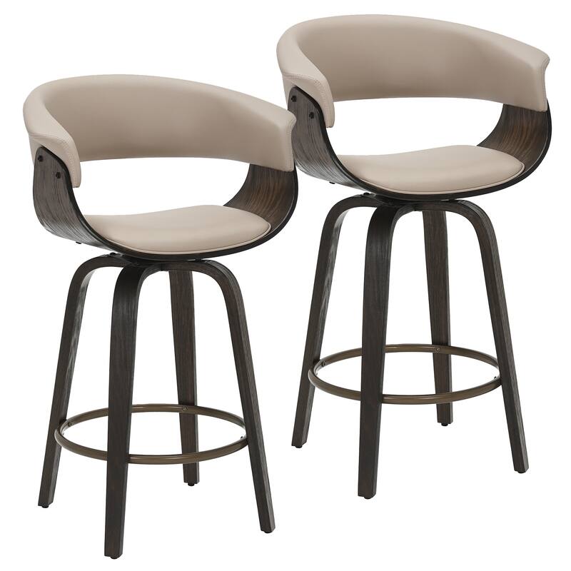Mid-Century Modern Faux Leather & Bentwood 26" Counter Stool with Swivel, Set of 2