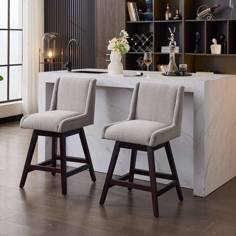 2-Pack Swivel Bar Stools - 360° Rotating Solid Wood and Fabric Stools with Comfortable Cushion