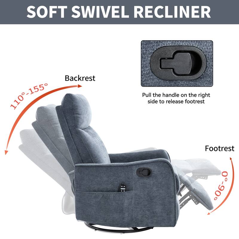 Heat Massage Manual Recliner Chair with Rocker and Swivel in Fabric for Living Room