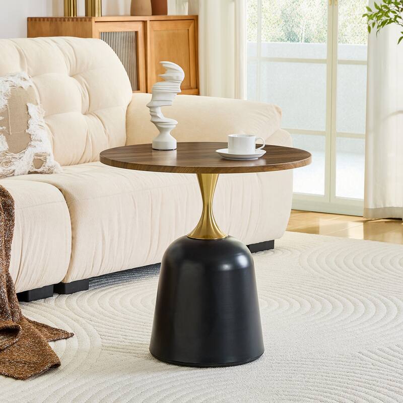 Small Circular Side Table Coffee Table, Metal Base Living Room Table, Walnut Wood Grain Minimalist Modern Decoration