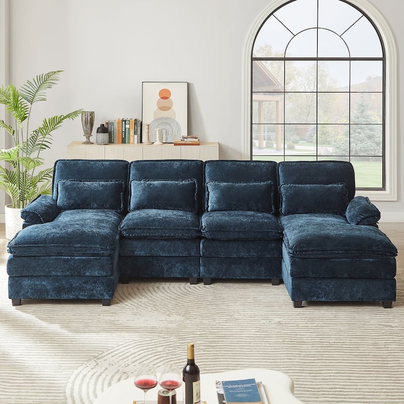 113 Inches Oversized Double Layer Cloud Design U Shaped Sofa with Double Chaise - Blue
