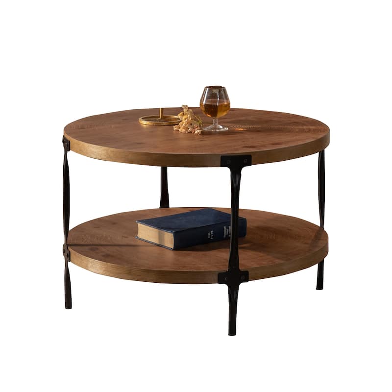 Handcrafted Relief Round Coffee Table with Shelf