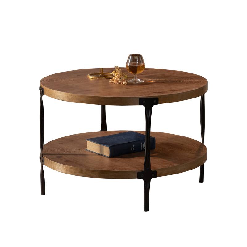 Round Two-Ply Coffee Table Handcrafted Relief Sturdy Pedestal Wooden Olive-Shaped Tea Table