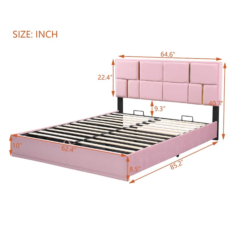 2-Pieces Bedroom Sets, Queen Size Upholstered Platform Bed with Hydraulic Storage System, Storage Ottoman with Metal Legs
