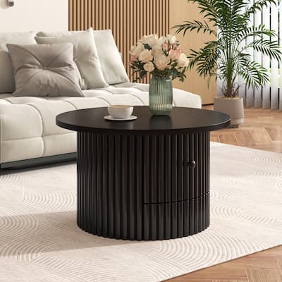 Round Coffee Table ,Farmhouse Coffee Table with a Drawer,Center Table with Vertical Slat Base in 30.5"