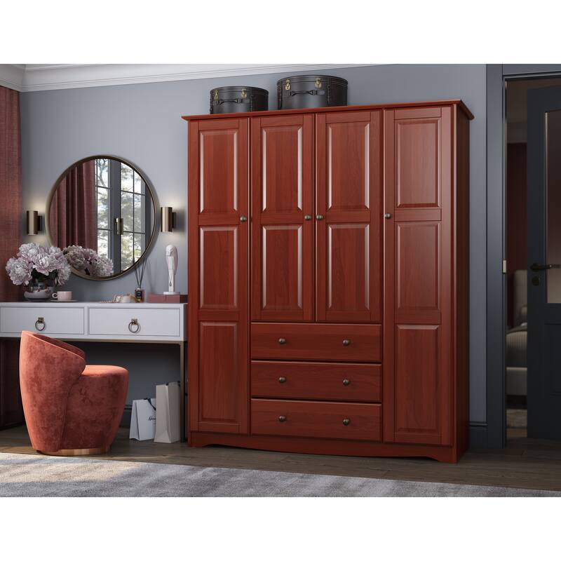 Palace Imports 100% Solid Wood Family Wardrobe Armoire (No Shelves Included) - Mahogany-Metal Knobs