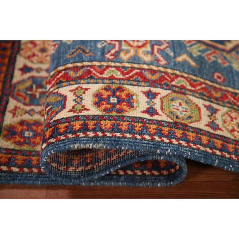 Blue Kazak Oriental Accent Rug Hand-Knotted Geometric Wool Carpet - 2'8"x 4'1"