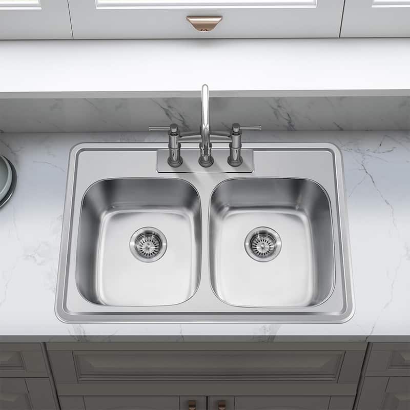 33'' x 22'' PRO Classic Drop in Double Bowl Kitchen Sink,Top Mount 50/50 Stainless Steel Kitchen Sink with Three Faucet Hole