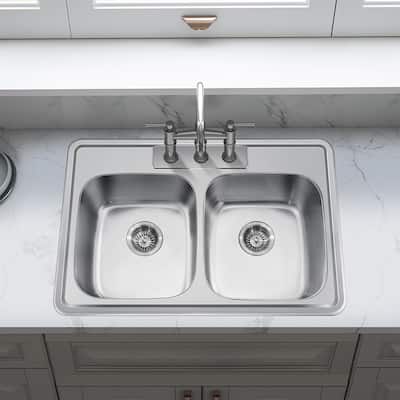 33'' x 22'' PRO Classic Drop in Double Bowl Kitchen Sink,Top Mount 50/50 Stainless Steel Kitchen Sink with Three Faucet Hole