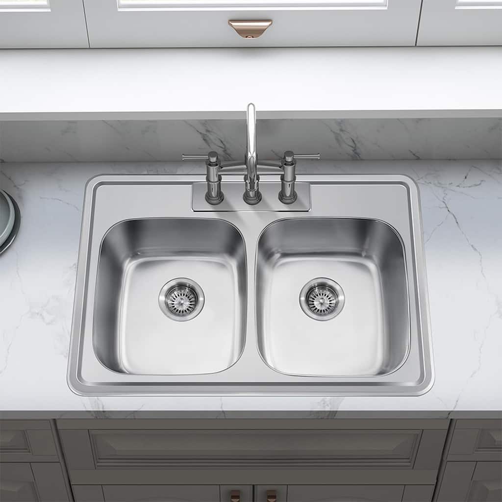 33'' x 22'' PRO Classic Drop in Double Bowl Kitchen Sink,Top Mount 50/50 Stainless Steel Kitchen Sink with Three Faucet Hole