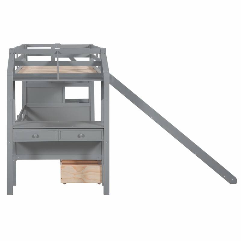 Twin over Twin Bunk Bed with Storage Staircase, Slide, Drawers, Desk, and Shelves