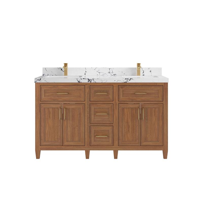 Willow Collections 60 in. W x 22 in. D Santa Monica Teak Double Sink Bathroom Vanity with Countertop - 2"Viola Night - Dark Natural