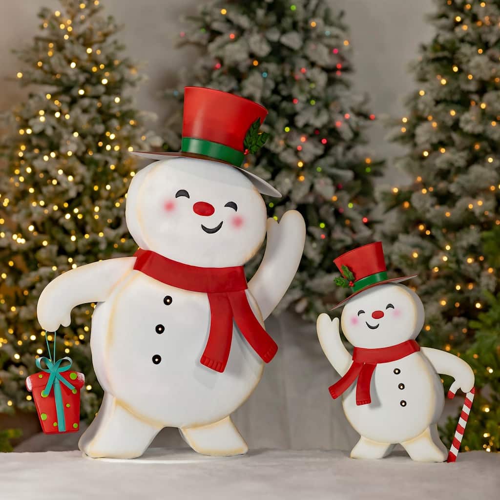 Set of 2 Friendly Metal Snowmen Figurines - White - 25.75" L x 9" W x 34" H