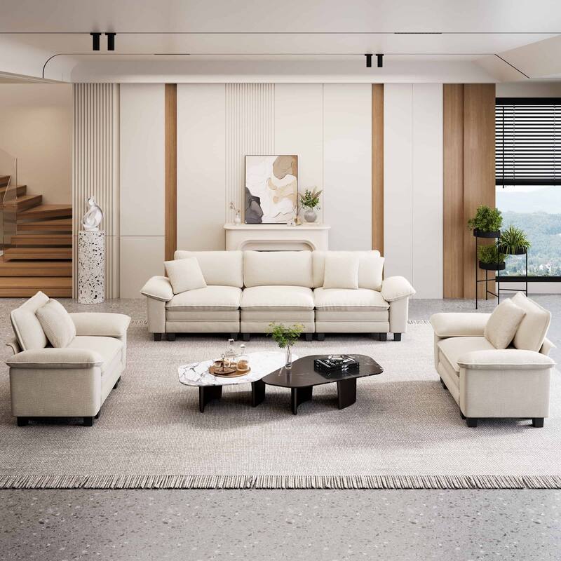 MAISON ARTS Modular Living Room Sofa Set, Comfy 5/6/7-Seat Sectional Couch with 3-Seater, Loveseat or Armchair - Beige Chenille ( 5 Pieces ) - Reversible