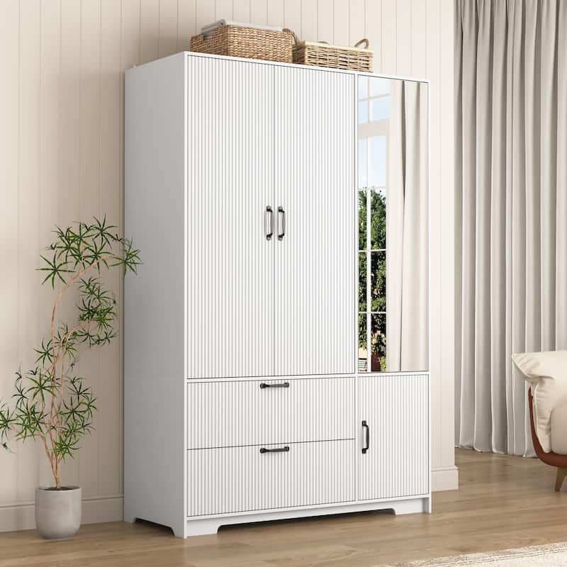 4 Doors Wardrobe Closet White Storage Cabinet with Mirror, Minimalist Armoire Closet with Hanging Rod