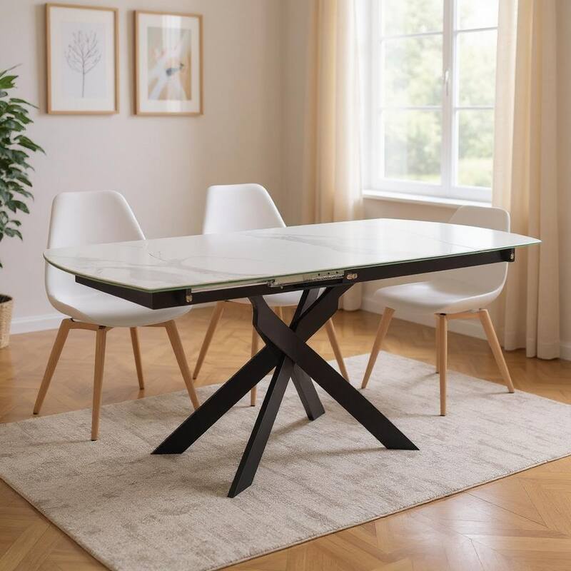 HomeRoots 47" Gray White and Black Ceramic and Metal Self-Storing Leaf Cross Leg Base Oval Extendable Dining Table - White/Gray - 47.20 in. x 30.00 in.  x 35.40 in.