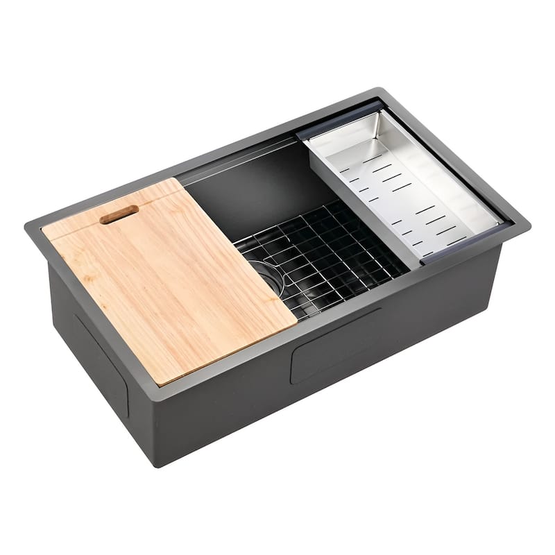 32" Undermount Kitchen Sink, Black/Silver Stainless Steel Workstation with Wooden Board & Accessories
