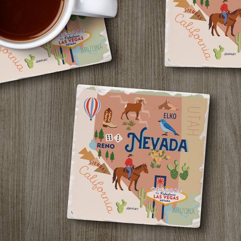 Absorbent Stone Beverage Coasters - Set of 4 - - State Attractions - NV - Multi-53