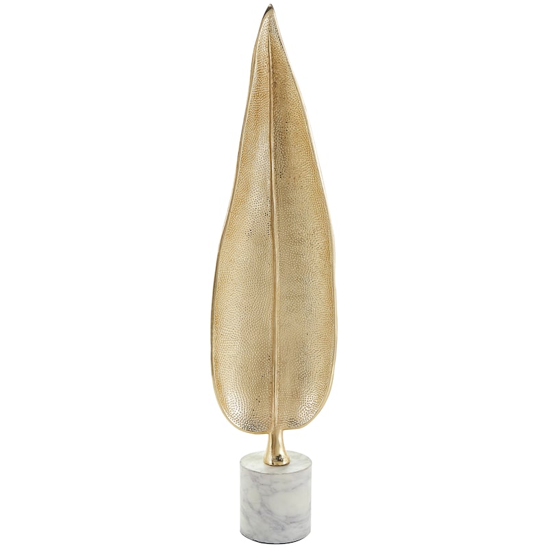 CosmoLiving by Cosmopolitan Gold Aluminum Metal Textured Leaf Decorative Sculpture with White Marble Base
