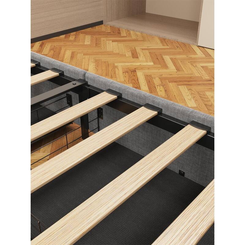 Bed Frame with LED, Wings Headboard Design with four large capacity