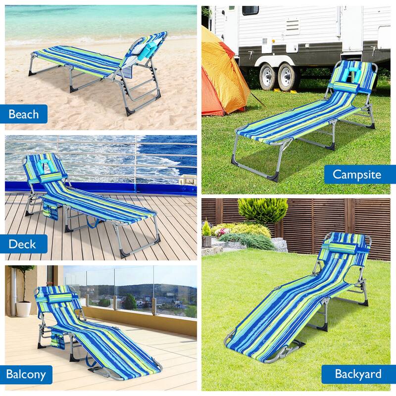 Goplus Outdoor Beach Lounge Chair Folding Chaise Lounge with Pillow - See Details